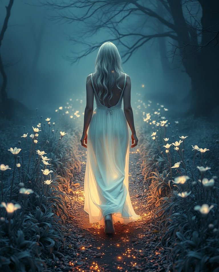 A surreal infrared photograph of a mystical woman with platinum and silver hair, walking a glowing path in a foggy enchanted garden. Her white gown shimmers, ghostly flowers bloom at her feet, fireflies dance aroun.jpg