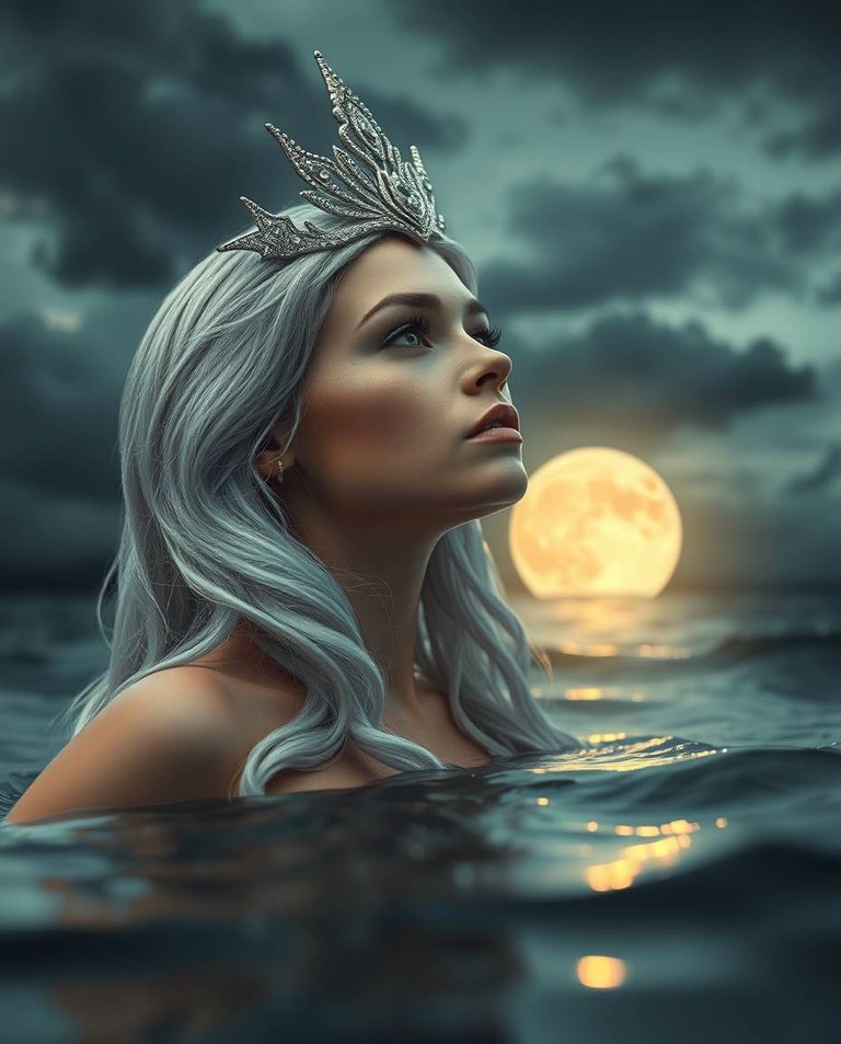 A cinematic photograph of a silver siren mermaid queen, half-submerged, admiring the full moon. Adorable, charming features, stormy skies, high tension, realistic style.jpg