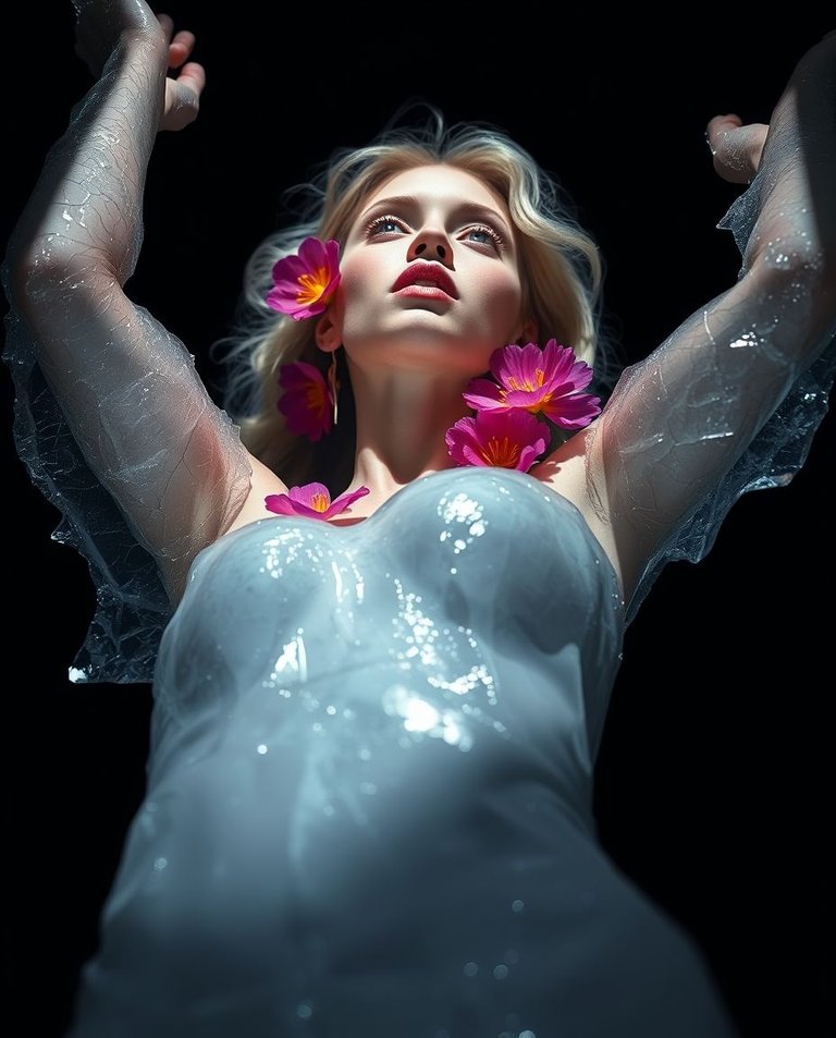 Low angle perspective, strong hard light. An ethereal female figure, pale skin, delicate features, frozen in glistening, cracked ice, adorned with vibrant flowers.  Direct harsh shadows, dramatic lighting. Dark bac.jpg