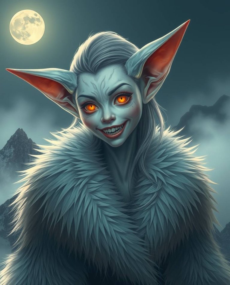 An adorable, charming woman with pale skin, long pointed ears, and glowing yellow eyes transforms atop a misty, moonlit mountain. Her fur coat merges with her body, revealing sharp teeth. The scene evokes a mystica.jpg