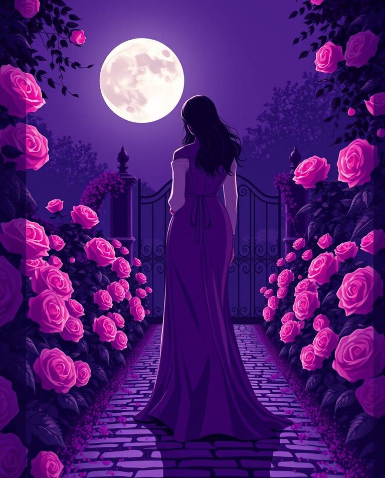 A digital illustration a woman in a flowing gown walking through a rose garden at moonlight. Deep ultraviolet hues, inspired logo in geometric shapes, clean lines. Vivid purples, high contrast.  Balance, symmetry, .jpg