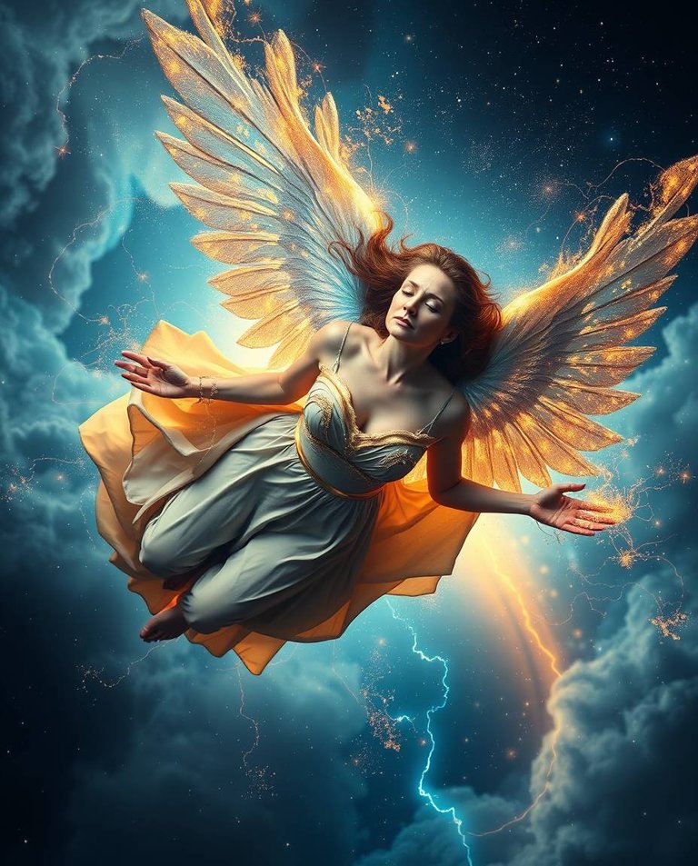 Overhead bird’s eye view, intense dramatic weather, stormy skies, high tension, top-down perspective. Celestial angel, mature woman, gliding through iridescent gas and stardust. Starry dust wings, ethereal glow, el.jpg