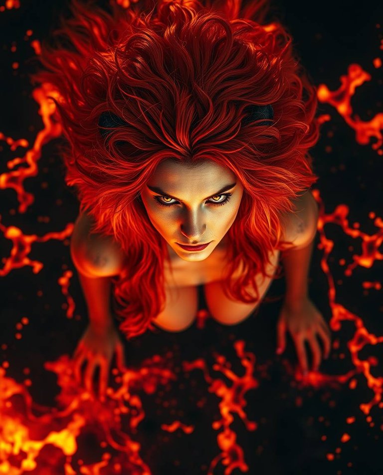 High contrast, low-key lighting, overhead bird’s eye view. A woman with red hair transforming into a lion in a scorched battlefield. Molten fire engulfs her, pulsing and dripping lava.  Her face shifts, fierce lion.jpg