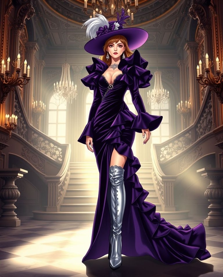 Isekai anime style, gentle soft light depicting an elegant woman in a royal purple asymmetrical velvet gown with exaggerated ruffles, silver boots, feathered hat, and crystal earrings. Ornate Milan palazzo backgrou.jpg