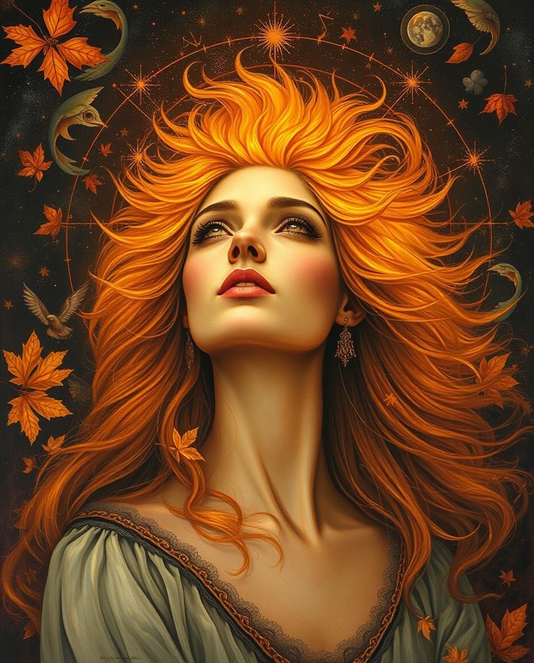 A surreal painting in warm autumn colors featuring a radiant woman at the heart of the Leo constellation. Her hair, like a lion's mane, glows with celestial golds and fiery hues.  Dreamlike imagery and fantastical .jpg