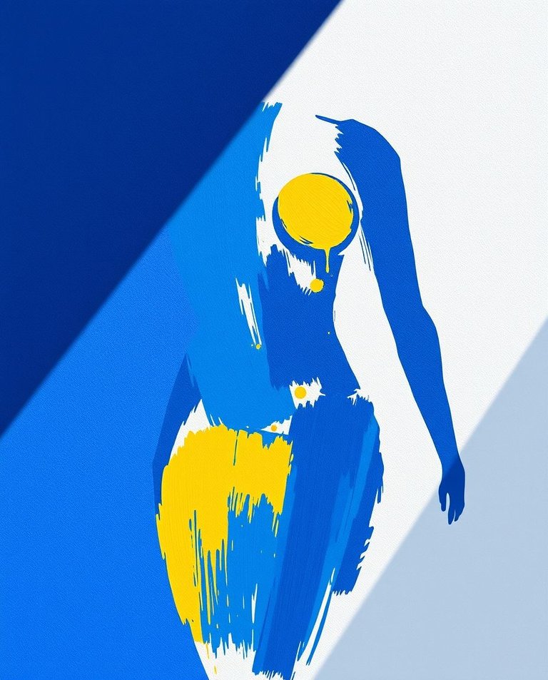 Modern flat design artwork with high contrast and low-key lighting. An abstract painting, exclusively in blue and yellow, symbolizes a female body through brushstrokes.  Deep shadows create a dramatic effect.  Simp.jpg