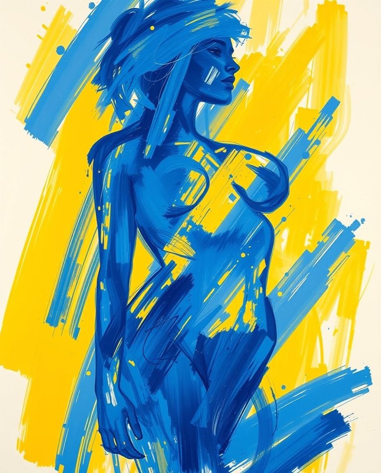 High-resolution stock photo, abstract painting Blue and yellow brushstrokes symbolizing the female form.  Style blends dramatic portraiture, digital mixed media, tangled nests, image noise, large canvases, and mini.jpg