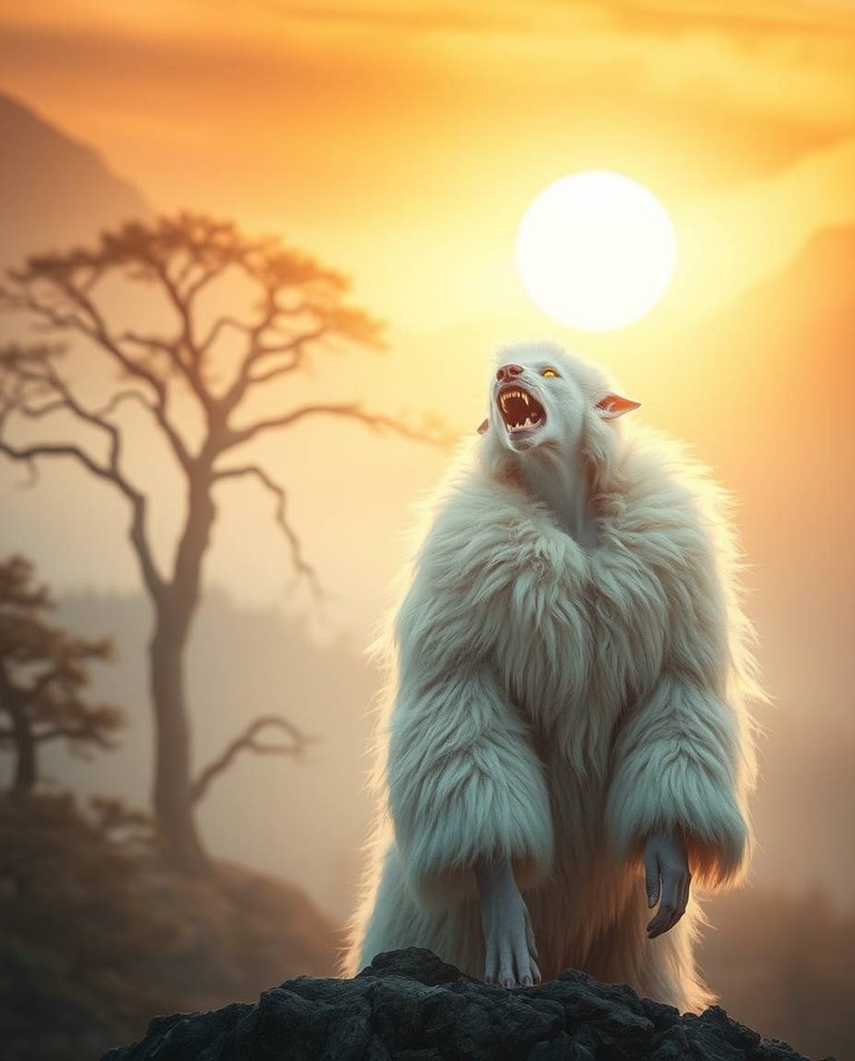 A photograph captures an ethereal, spiritual vibe, bathed in warm, golden hour light.  A woman with pale skin, glowing yellow eyes, and pointed ears stands atop a misty mountain, her fur coat seamlessly merging int.jpg