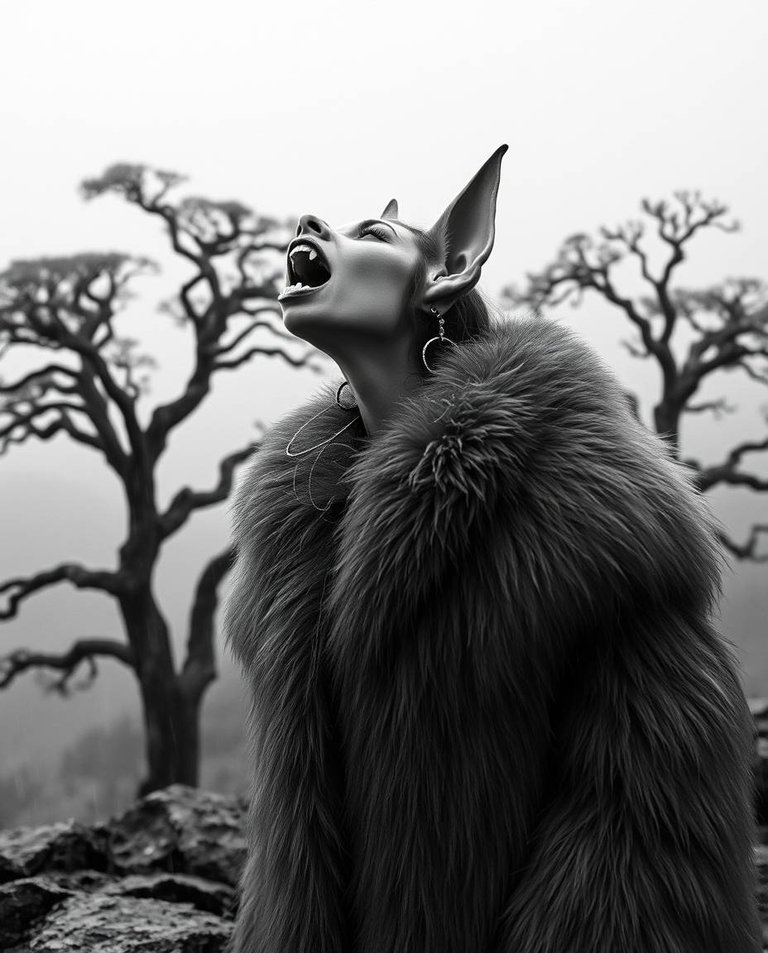 Black and white photograph, classic style. Atop a misty mountain, a woman with long pointed ears, glowing yellow eyes, and sharp teeth howls.  She wears a luxurious fur coat that transforms into thick fur on her bo.jpg