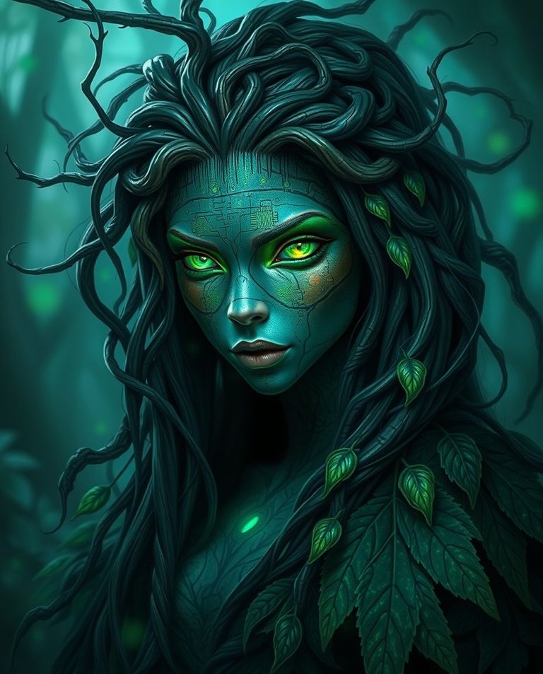 Digital painting, rich deep teal, vibrant colors.  Mysterious dryad, nature-technology fusion, in a digital landscape.  Shimmering bark-circuitry skin, glowing vine hair, piercing green eyes. Pixelated leaf cloak. .jpg