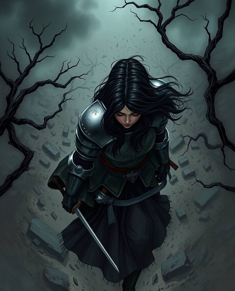 Overhead view, high contrast illustration. A female knight, dark hair clinging to her face, walks through a desolate landscape.  Her dented armor gleams under dramatic lighting, sword dragging a faint trail.  Twist.jpg