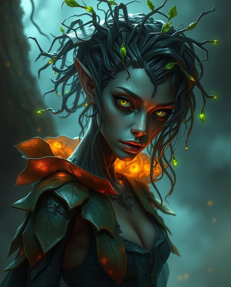 Digital painting, dramatic cinematic style with soft cinematic haze. Sleek mysterious dryad, skin shimmering bark and circuitry, hair glowing vines, piercing green eyes. Wears pixelated leaf cloak. Vibrant colors, .jpg