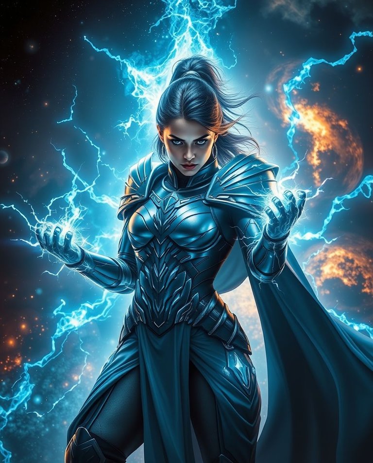 High-resolution stock photo, strong hard light. Majestic warrior woman, god-like, amidst glowing blue energy storm. Futuristic armor, luminous energy veins. Intense eyes piercing cosmic mist. Powerful stance, clenc.jpg