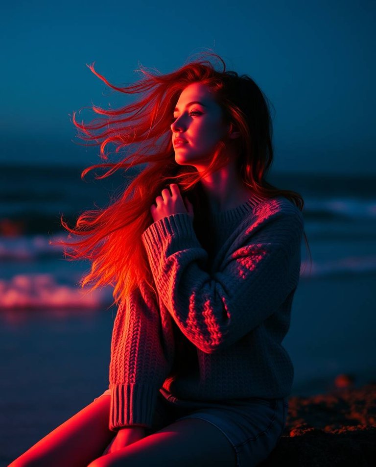 A beautiful woman with long, curly red hair, fluttering in the wind, sits dreamily at night on the ocean shore wearing a warm sweater and denim shorts. Surreal infrared tones, glowing bioluminescent colors, natural.jpg