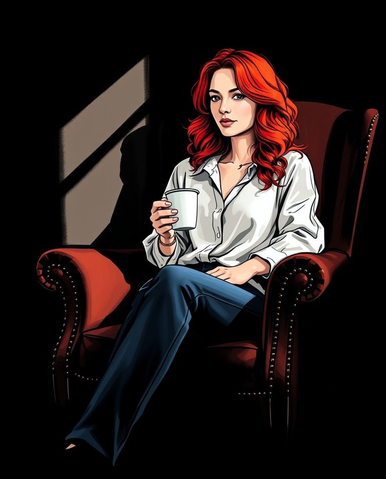 An intense jet black hand-drawn sketch in Color sketchnote style. A red-haired woman in her thirties, serene expression, sits in a luxurious armchair, sipping coffee. Deep shadows highlight her flowing blouse, jean.jpg