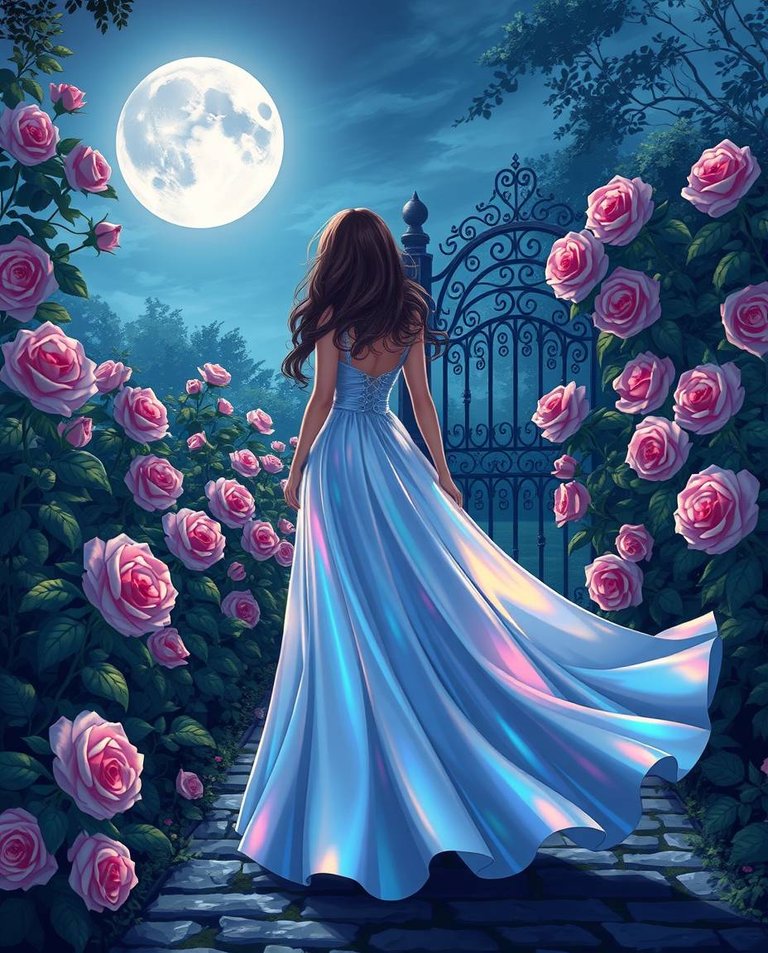 A breathtaking illustration of a woman in a flowing gown, strolling through a rose garden at moonlight. Iridescent colors, iridescent reflections on gown and roses. Lush garden, moonlit sky, serene atmosphere, soft.jpg