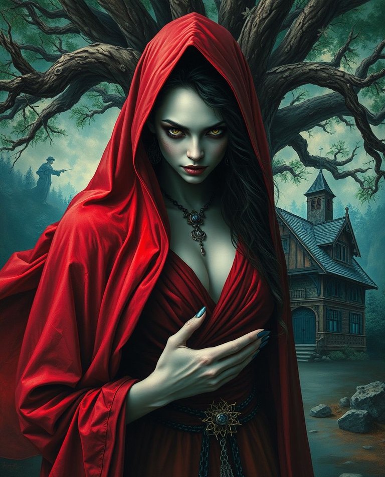 Surreal painting depicting a strikingly enigmatic sorceress in a crimson robe before a majestic oak and rustic cottage. Dreamlike imagery in rich deep teal depicts fantastical elements and bizarre scenes, highlight.jpg