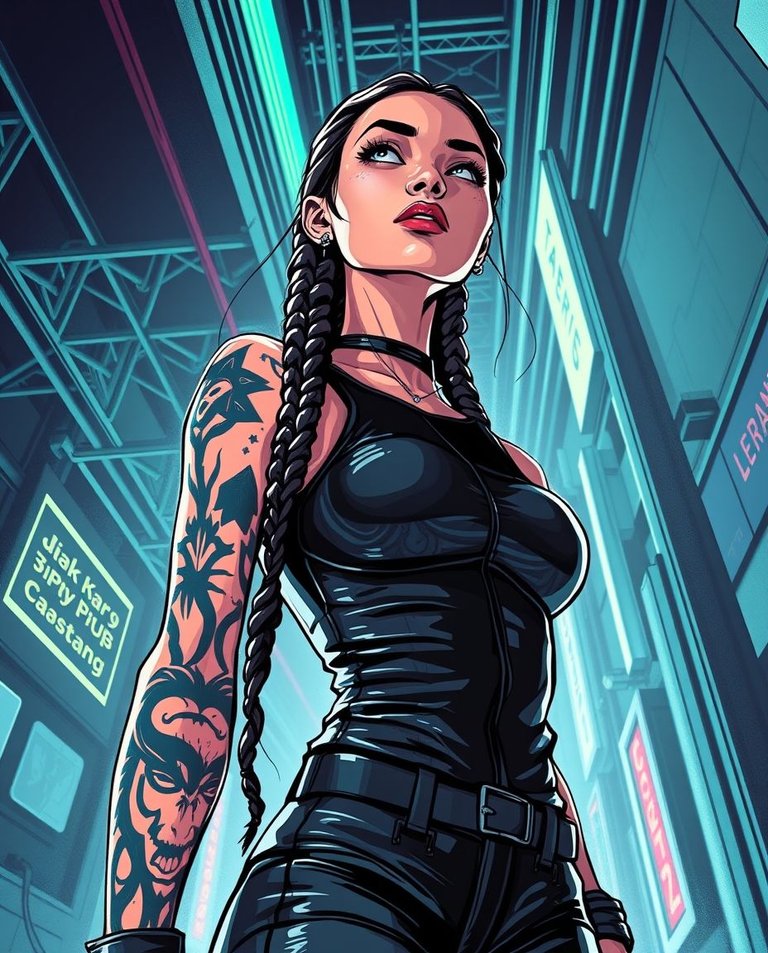 High-angle perspective, high contrast, low-key lighting. Stop-motion cyberpunk goddess tall, athletic, hip-hop pose, Chicano tattoos, long braids, fair skin, flawless features. Fitted leather top. Sketchnote style,.jpg