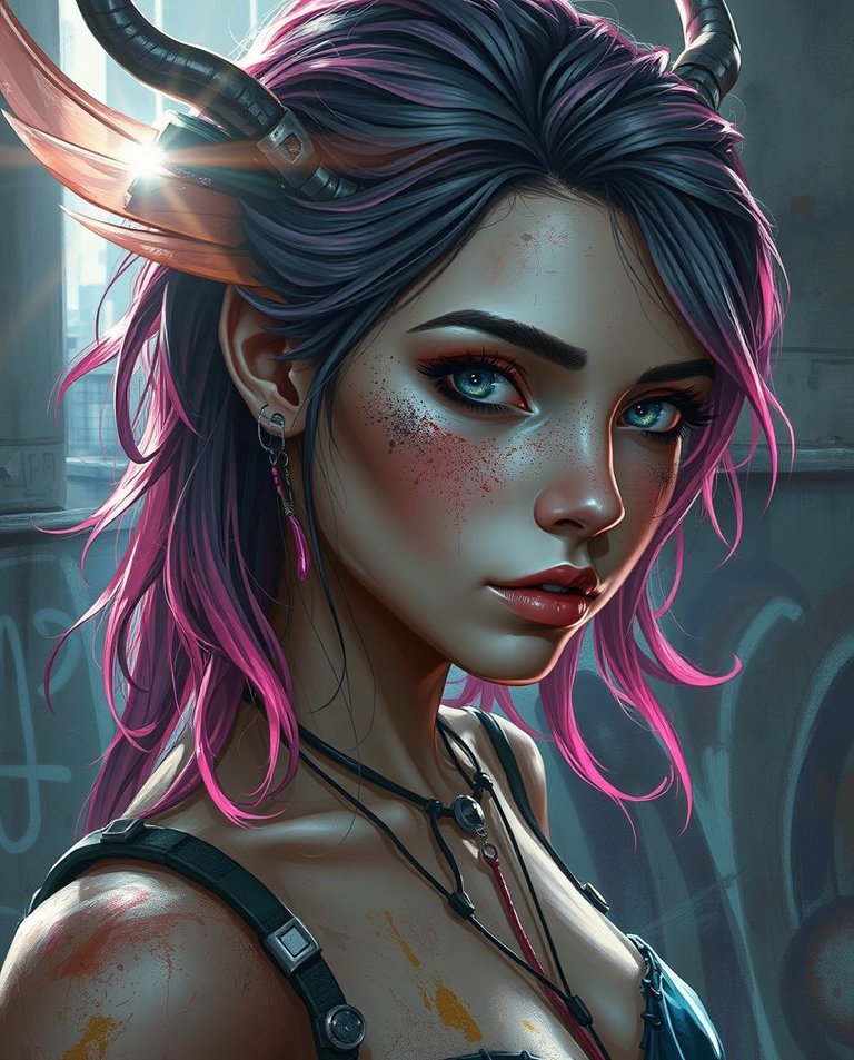 A large-scale digital painting in a strong, moody style portrays a nymph with delicate features contrasting urban decay.  Her dirt-smudged cheeks are adorned with ethereal freckles, her neon hair cascades over graf.jpg