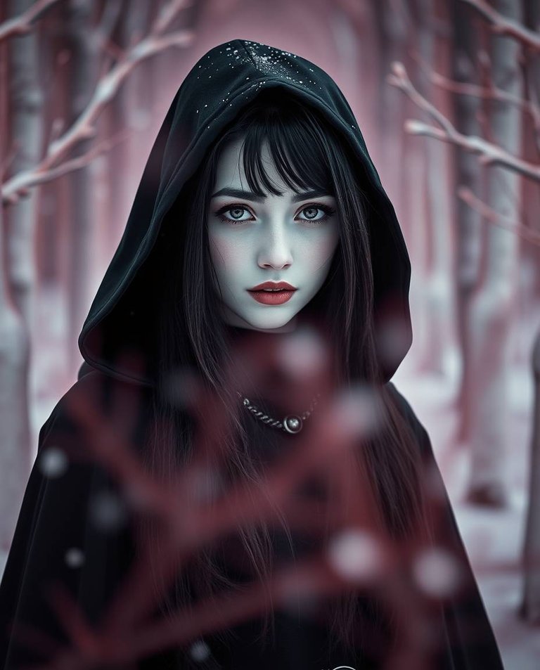 8K image in surreal infrared tones. A 25-year-old woman with long black hair, wearing a black gothic dress and hooded cloak, stands in a snowy forest.  Otherworldly appearance, charming features, snowflakes sparkle.jpg