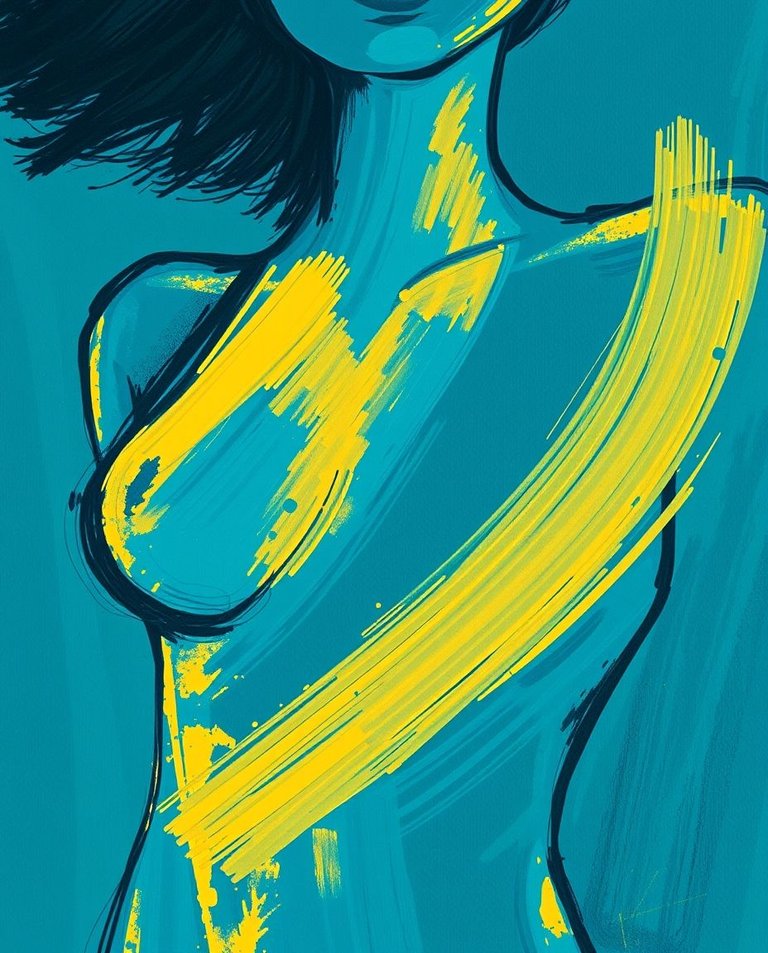 High-resolution stock photo A close-up view of a deep teal abstract painting where brushstrokes form a stylized female body.  The palette consists solely of blue and yellow. The aesthetic blends dramatic portraitur.jpg