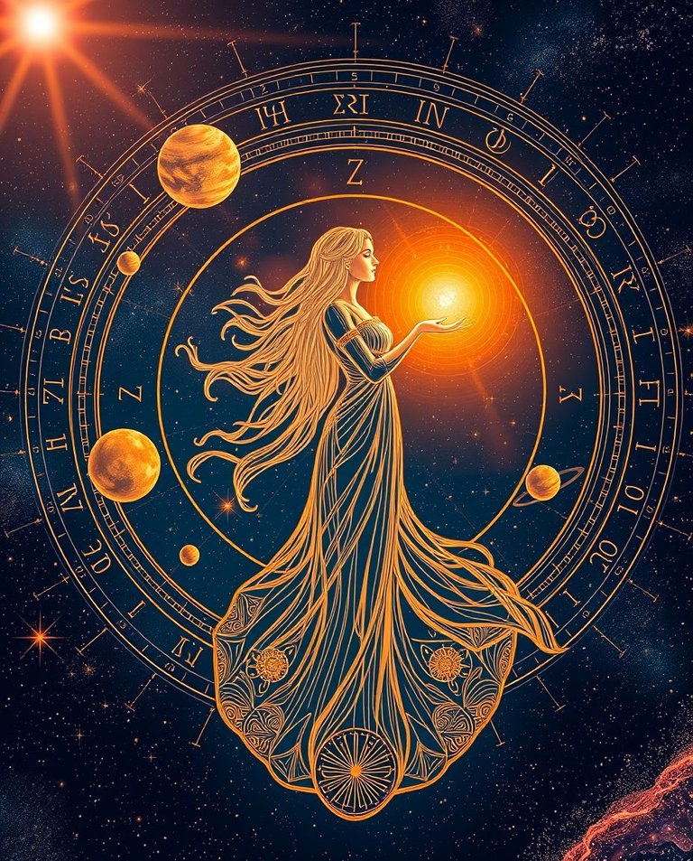 Ethereal, spiritual solar system scene with bright lens flares.  Intricate orange and white line work depicts a woman in a flowing dress holding a glowing orb, surrounded by detailed planetary orbits. A star-filled.jpg