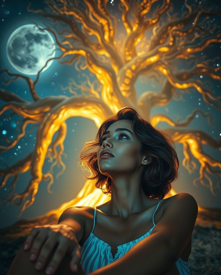 Dramatic cinematic composition, iridescent highlights A woman with tanned skin and short, wavy hair sits beneath a large cosmic tree emitting an iridescent glow. Moonlight illuminates half her face. The vast, starr.jpg