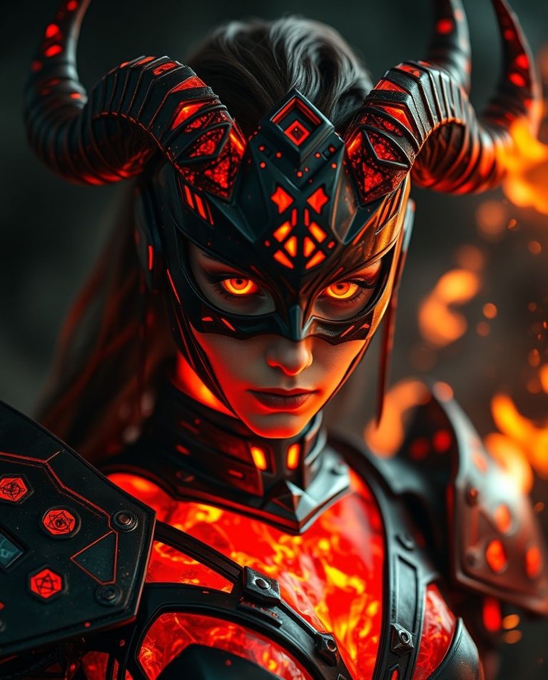 Extreme macro close-up, warm autumn colors A futuristic fiery warrior, glowing lava body, feminine features, black and red armor, menacing visor-like face, glowing lattice eyes, sharp horns, fire whips, dark sci-fi.jpg