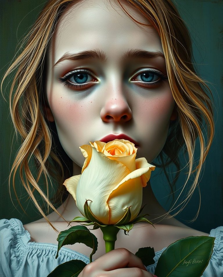 Low-angle view, bold acrylic painting.  Melancholic portrait of a woman with porcelain skin, subtle freckles, and honey-blonde hair cradling a wilted cream rose.  Her sad, downcast gaze mirrors the flower's state. .jpg