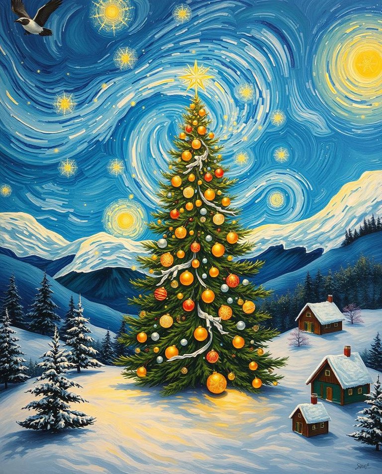 Oil painting in classic style, smooth gradient transitions, depicting a surreal Christmas scene with a majestic Christmas tree adorned with golden and silver ornaments, warm green and gold tones, a swirling blue sk.jpg