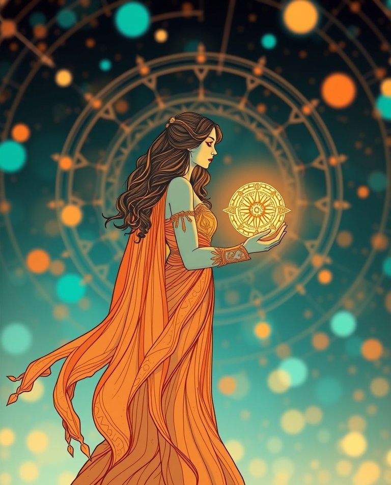 Surreal solar system, warm terracotta and cool teal bokeh. Intricate orange and white line art, celestial guardian woman in flowing dress holding glowing orb.  Sharp focus on woman, soft background. Earthly and coo.jpg