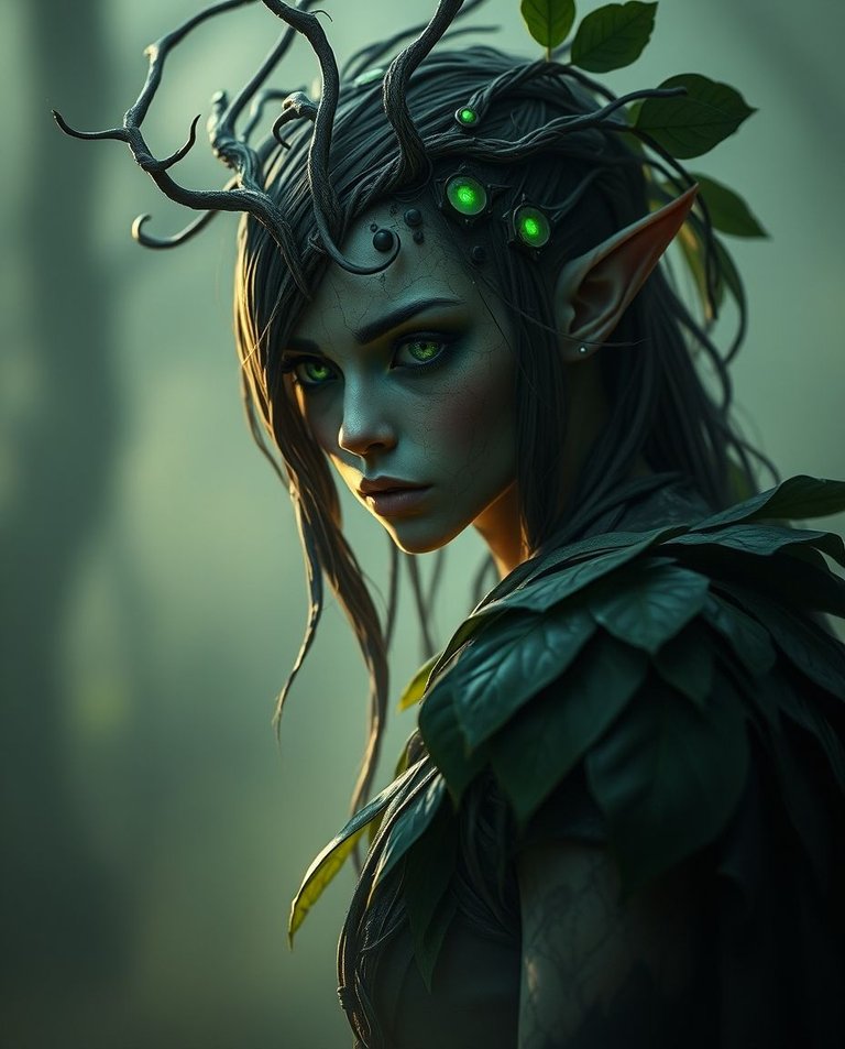 Dramatic cinematic style, soft cinematic haze, digital painting of a sleek dryad, bark and circuitry skin, glowing vine hair, green eyes, pixelated leaf cloak, in a hazy digital landscape. Soft focus, film-like lig.jpg