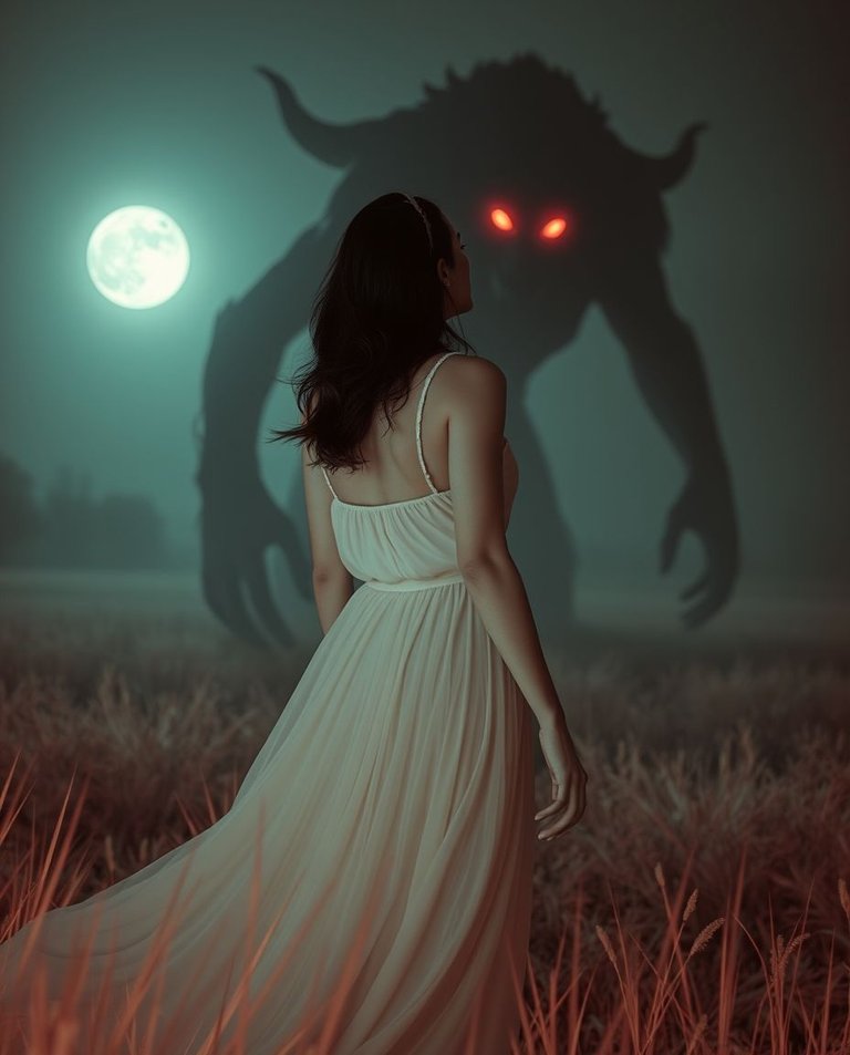 8K resolution image, infrared spectrum, surreal horror A terrified woman, pale skin and dark hair, in a flowing white dress, turns to see a massive shadowy creature with glowing red eyes in a moonlit field.  Dreaml.jpg