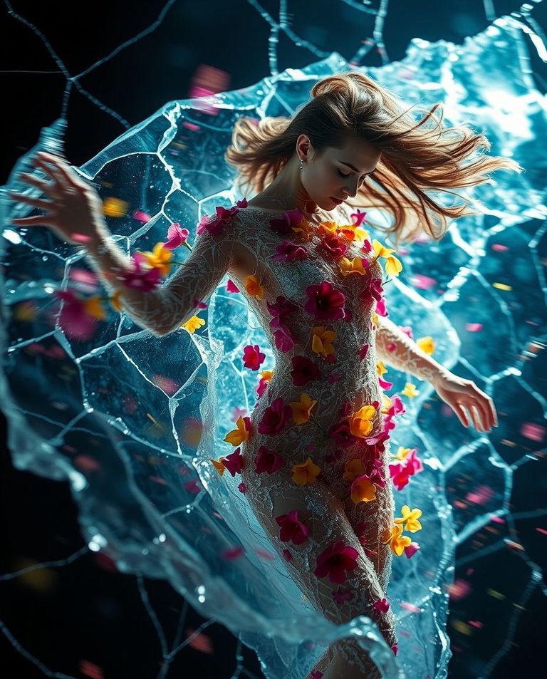 Dynamic, intense lighting illuminates an ethereal female figure, frozen in cracked, glistening ice, covered in vibrant flowers. Blurred lines and action poses create tension and motion.  High contrast enhances the .jpg