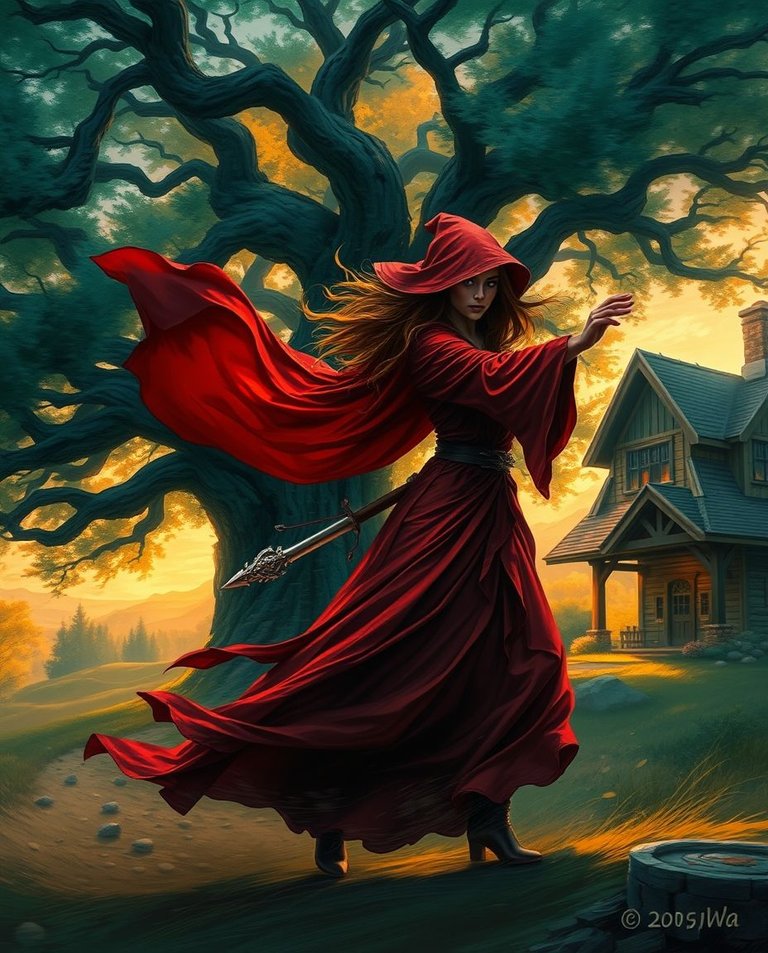 Dynamic motion painting, rich deep teal and warm golden hour light, enigmatic sorceress in flowing crimson robes, majestic oak tree, rustic cottage, soft light, blurred lines, action poses, luxurious and vibrant co.jpg