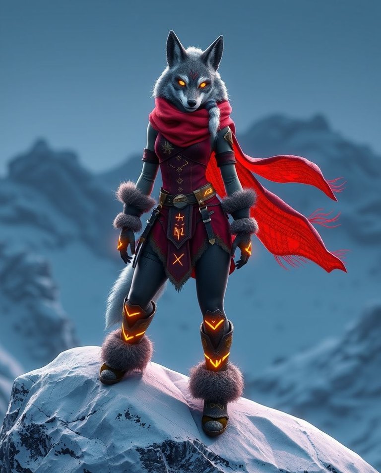 A female anthropomorphic wolf, human lower body and wolf head, with scarred face and glowing golden eyes stands majestically on a snow covered rock.  She wears a crimson tunic, glowing runes, fur boots, and crimson.jpg