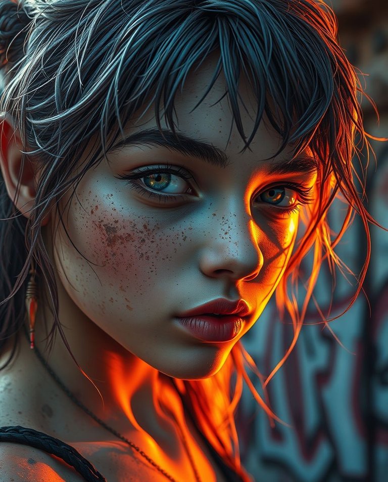 A digital painting in a cyberpunk fantasy style depicts an extreme close-up of a nymph with dirt-smudged cheeks, ethereal freckles, and neon-colored tangled hair against a graffiti-covered urban backdrop.  The imag.jpg