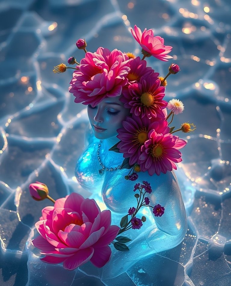 Iridescent colors softly illuminate an ethereal figure frozen in glistening, cracked ice.  The figure is adorned with peonies, dahlias, lotuses, and meadow blossoms in crimson, violet, azure, and gold. Diffused sha.jpg