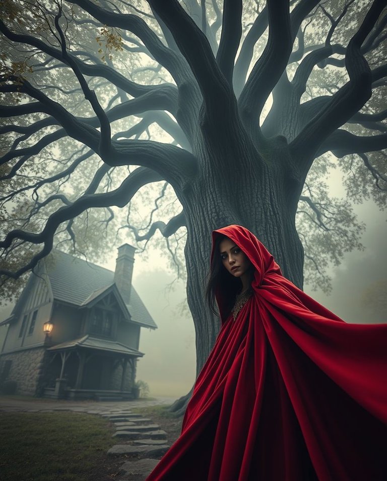 Low angle perspective painting, soft cinematic haze, enigmatic sorceress in vivid crimson robes, majestic oak tree, rustic cottage, soft focus, hazy background, dramatic lighting, intense gaze, flowing robes.jpg