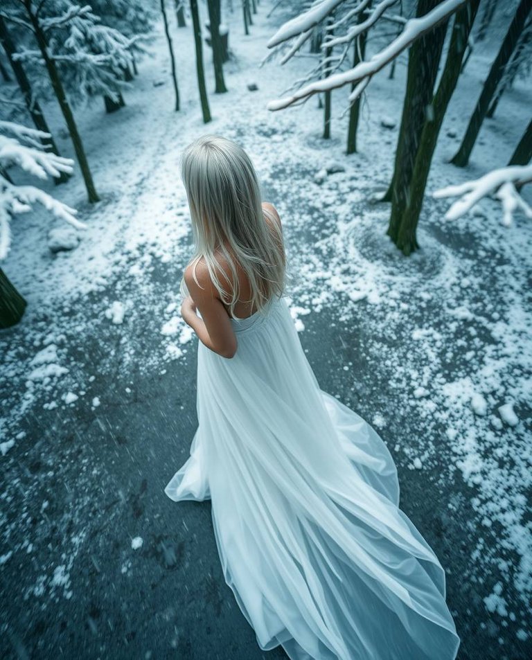 Long exposure photography of a wet rainy scene, high angle perspective. A tall, slender winter goddess in a snow-covered forest, viewed from above. Drizzling rain, reflective surfaces, motion blur. Her flowing whit.jpg