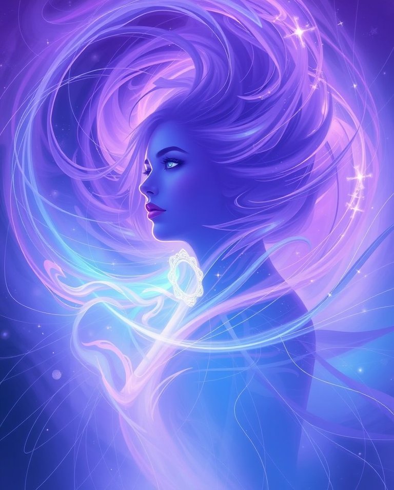 A digital painting depicting a feminine silhouette at the center, encircled by an iridescent swirling mist.  Her face is serene yet powerful, eyes glowing, set against a backdrop of purple and turquoise hues.  The .jpg