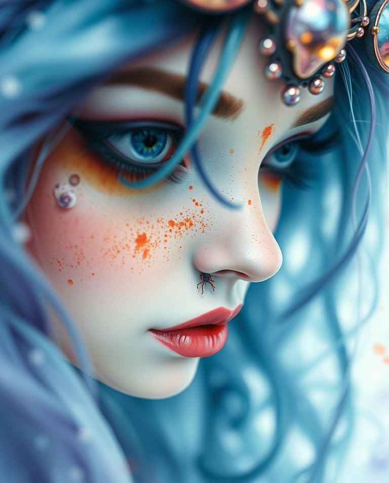 An extreme macro close-up reveals intricate details of the Shadow Princess of Cyberspace in a watercolor painting.  The mystic environment features gentle color contrasts, an ethereal quality, and a small subject i.jpg