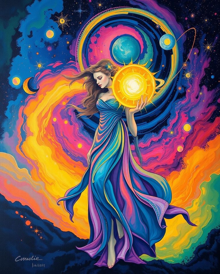 Vibrant complementary colors, bold acrylic painting, glowing bioluminescent colors, natural light effects, vibrant glow, textured brushstrokes, contrasting colors, balanced tones, celestial guardian woman in flowin.jpg