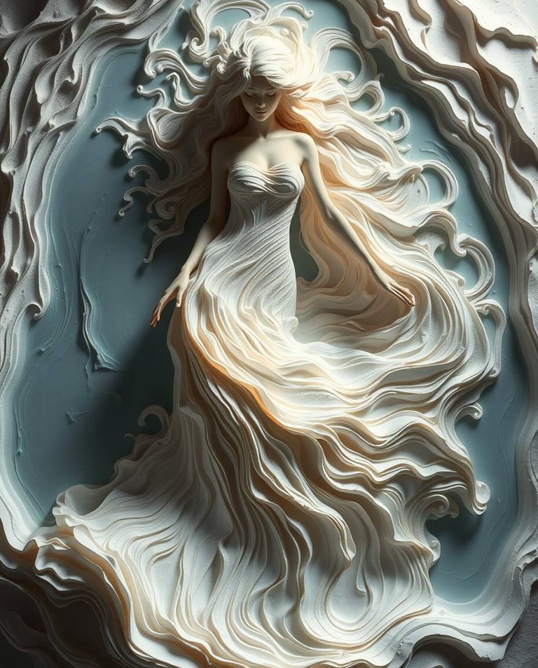 Dramatic cinematic style, layered papier-mâché aesthetic, sculpted textures. Water swirls form a graceful figure in a flowing liquid gown. Film-like composition, lighting emphasizes sculpted layers.jpg