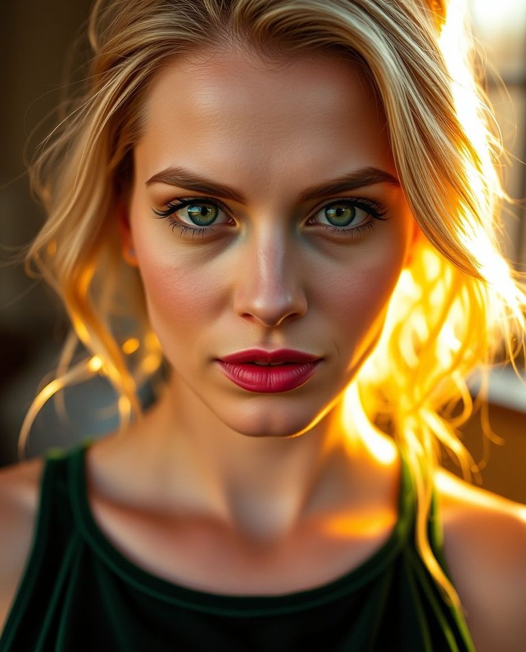 Warm golden hour light. A woman in her thirties with blonde hair, piercing green eyes, prominent forehead, large straight nose, and defined cheekbones, wearing a dark green velour gown. Soft light, just after sunri.jpg