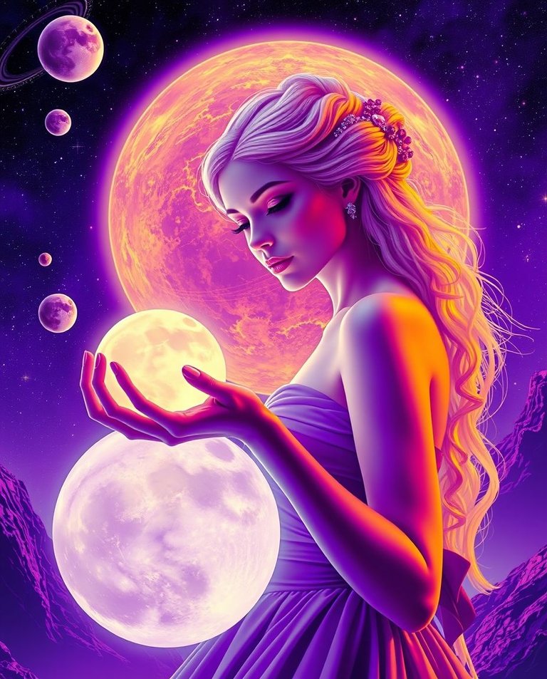 A surreal, highly detailed solar system scene rendered in deep ultraviolet hues a graceful woman with refined features in an elegant dress, holds a glowing orb.  Vivid purples and high contrast highlight the scene.jpg