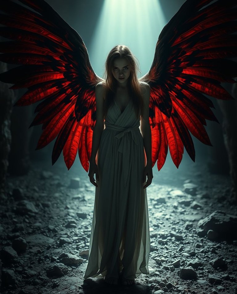 Professional photograph Fallen angel, pale skin, dark eyes, with large, red and black wings, standing in an ancient, dimly lit landscape. The image focuses on the contrast between light and shadow, creating a myste.jpg