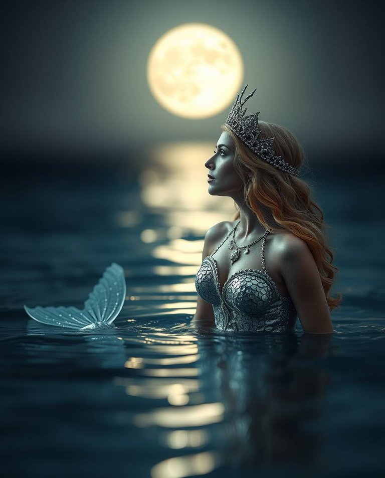 High-resolution stock photo a blurred bokeh effect softens the background, focusing sharply on a silver mermaid queen in shallow water, gazing at the moon. Commercial quality, professional lighting.jpg