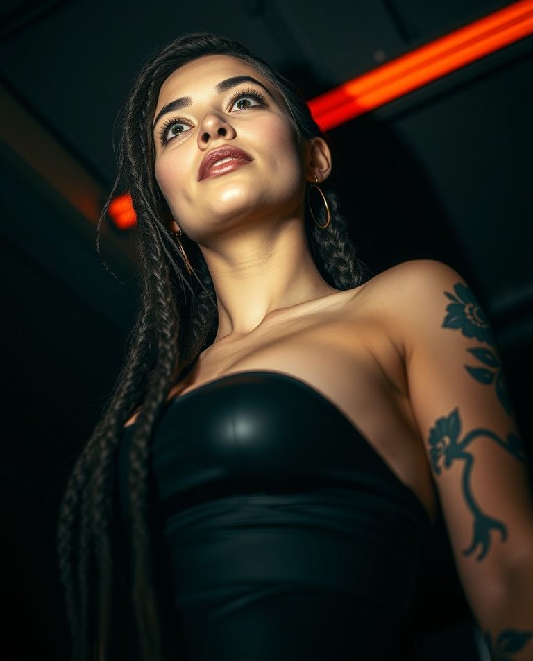 Chiaroscuro lighting, dramatic cinematic style, low angle, stop-frame cyberpunk goddess. Tall, Greek athletic physique, hip-hop diva pose, Chicano tattoos, long braids, fitted leather top. Fair skin, flawless featu.jpg