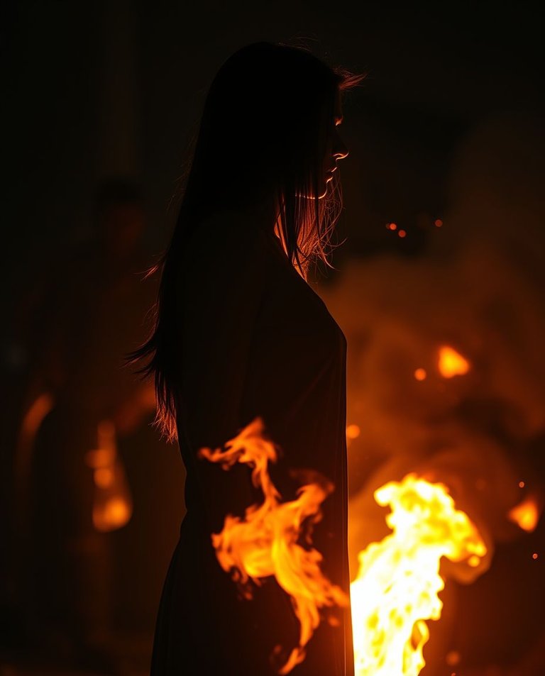 Epic, high-contrast, low-key scene with modern futuristic elements.  The silhouette of a Ukrainian woman with straight chestnut hair, in a simple dress, engulfed in flames. Dramatic lens glow lighting, deep shadows.jpg